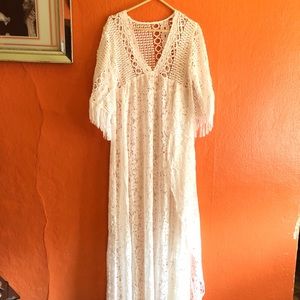 Lace white boho Maternity Dress opens on the side long floral bridal photoshoot